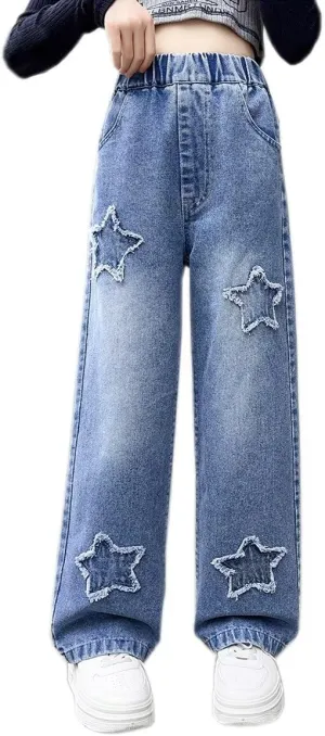 Girls Wide Leg Jeans Denim Elastic Wasit Baggy Ripped Distressed Pants