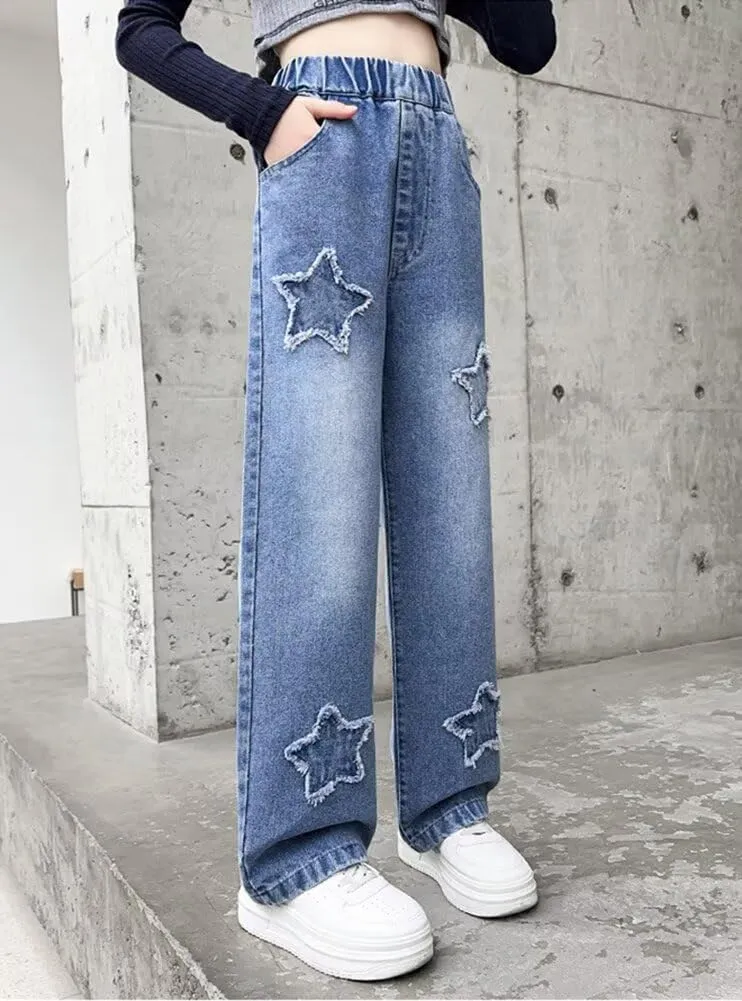 Girls Wide Leg Jeans Denim Elastic Wasit Baggy Ripped Distressed Pants