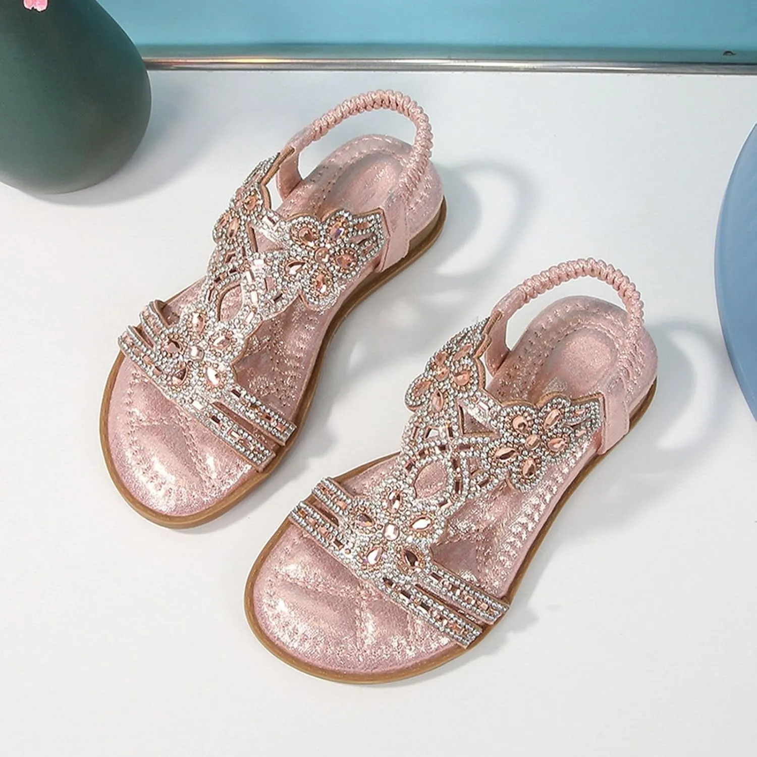 Glitter Sandals Girls Ankle Strap T-Strap 𝐋𝐨𝐰 Heel Pearl Bow Flower Pump Dress Wedding Shoes for Little Kid/Big Kid