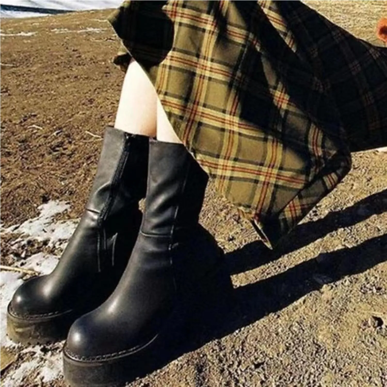 Goiphrri Ankle Boots for Women Chunky Heel Platform Boots Fashion Work Combat Booties Round Toe Punk Boot Party Rave Booties for Women