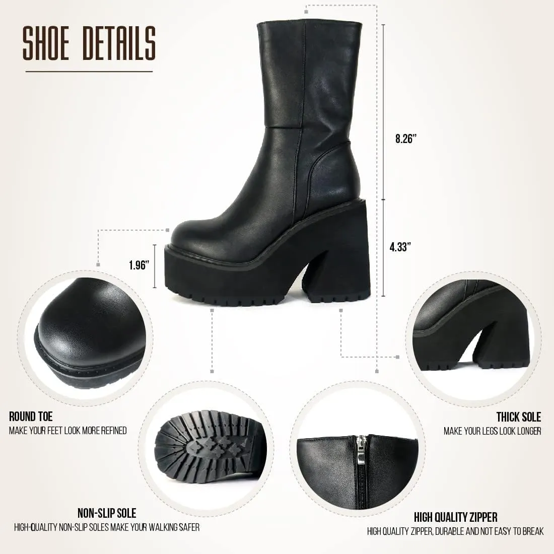 Goiphrri Ankle Boots for Women Chunky Heel Platform Boots Fashion Work Combat Booties Round Toe Punk Boot Party Rave Booties for Women