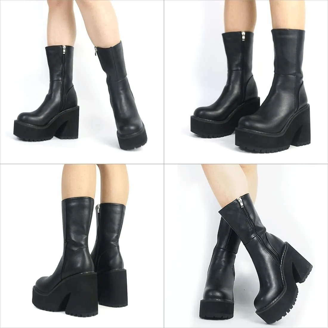 Goiphrri Ankle Boots for Women Chunky Heel Platform Boots Fashion Work Combat Booties Round Toe Punk Boot Party Rave Booties for Women