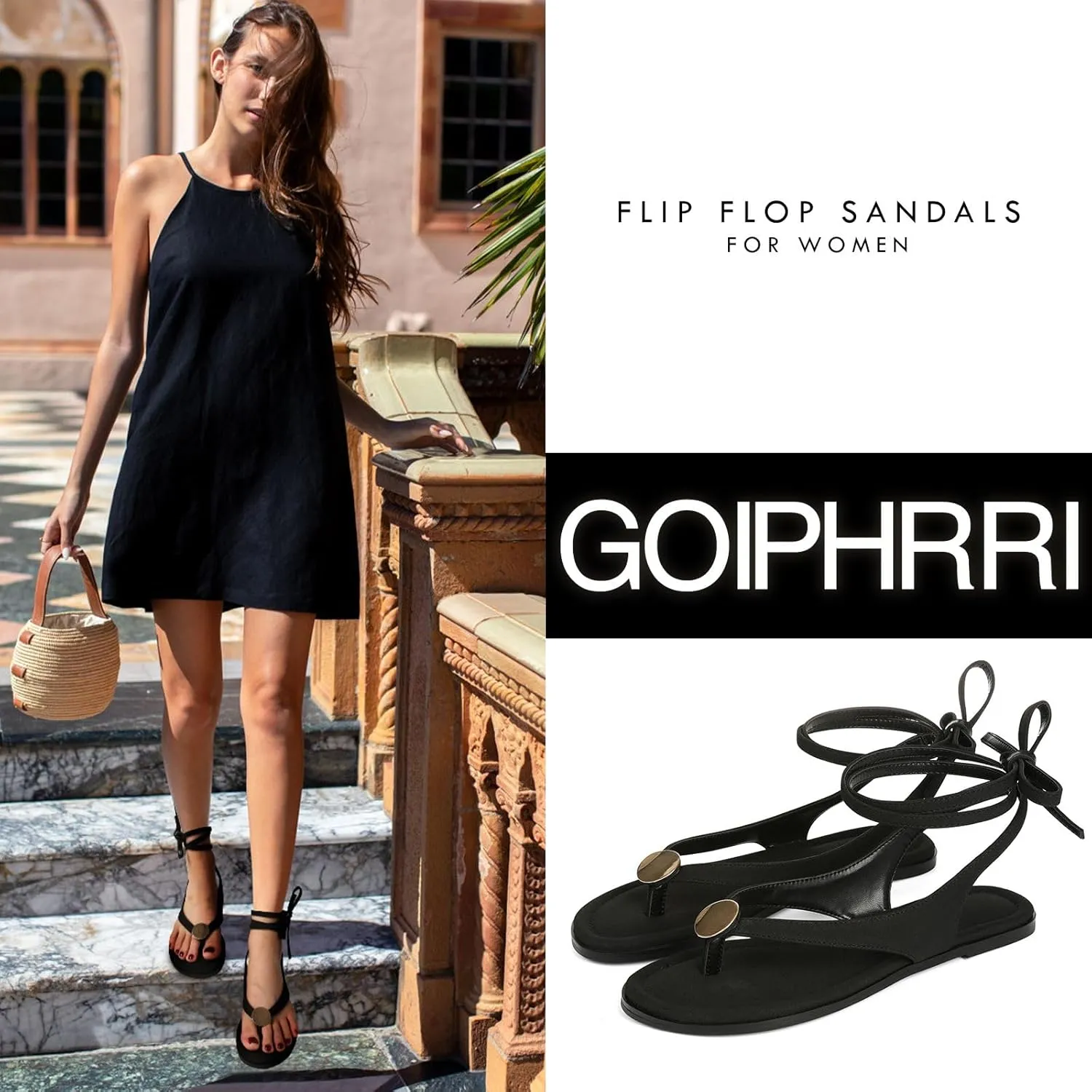 Goiphrri Flat Sandals for Women Dressy Comfortable Soft Lace Up Strappy Sandals Round Toe Thong Sandals for Women Flip Flop Sandals Casual Fashion Cute Summer Beach