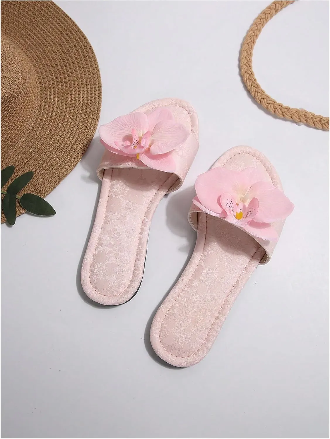 GORGLITTER Women's 3D Flower Sandals Dressy Criss Cross Floral Flat Sandals Square Open Toe Summer Beach Sandals