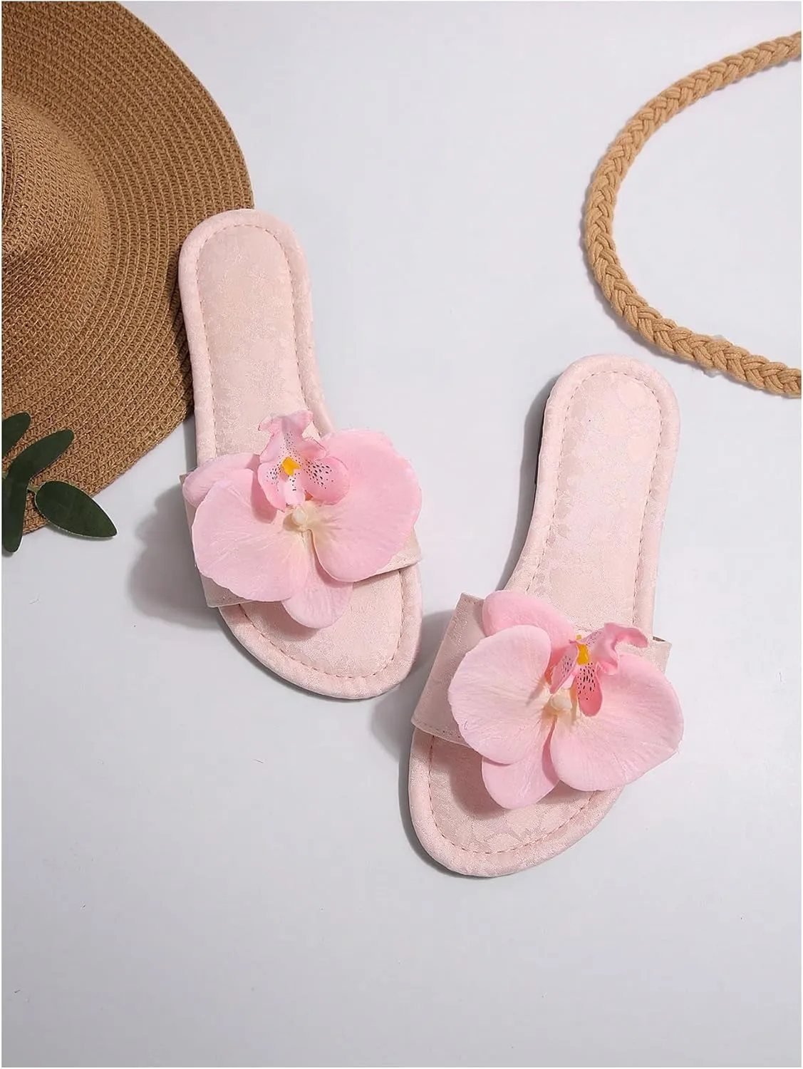 GORGLITTER Women's 3D Flower Sandals Dressy Criss Cross Floral Flat Sandals Square Open Toe Summer Beach Sandals
