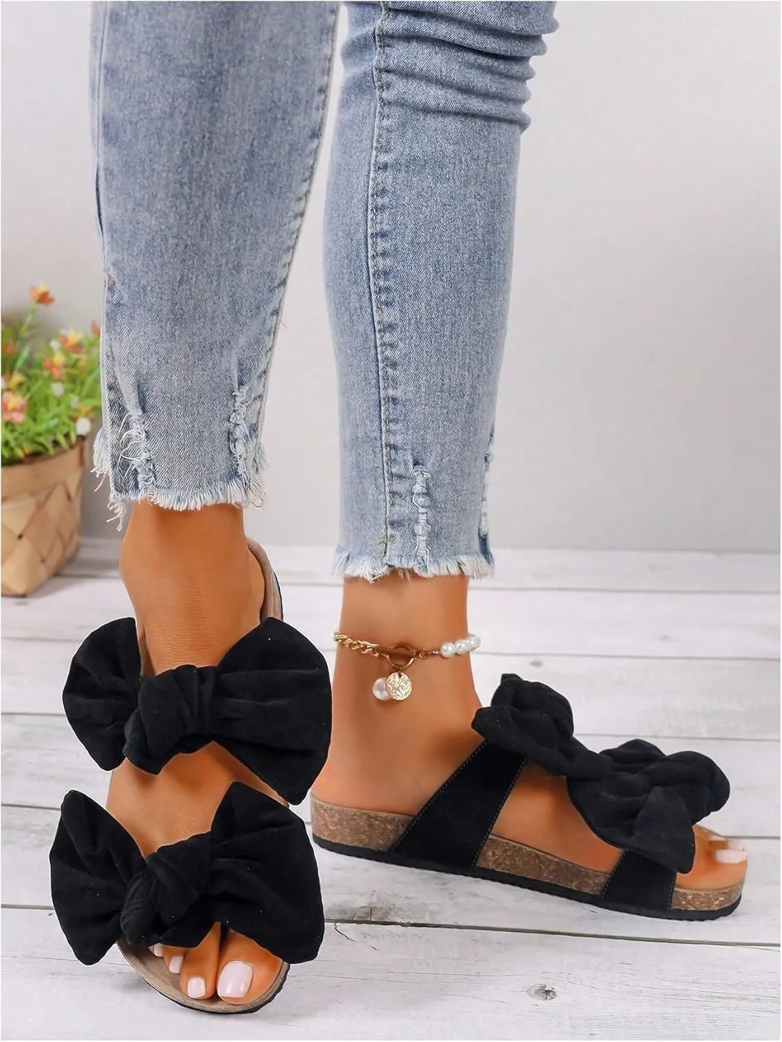 GORGLITTER Women's Bow Cork Sandals Double Band Suede Beach Sandals Open Toe Slip On Slide Sandals 2025