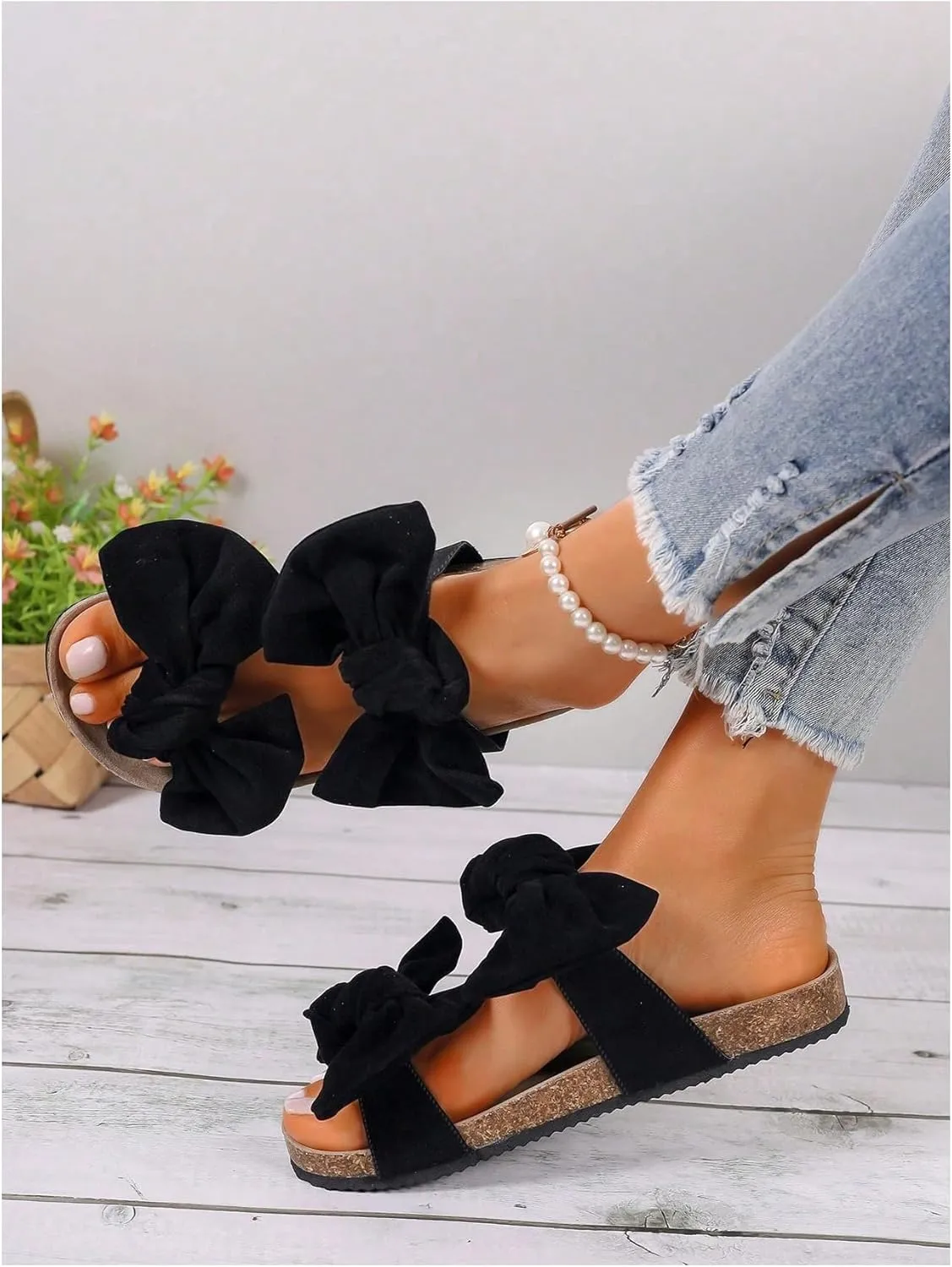GORGLITTER Women's Bow Cork Sandals Double Band Suede Beach Sandals Open Toe Slip On Slide Sandals 2025