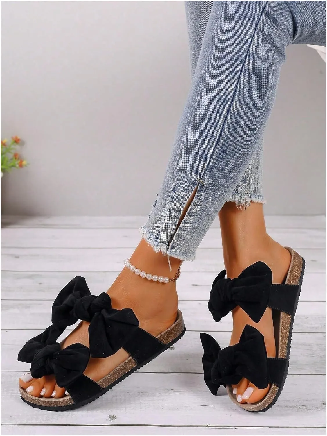 GORGLITTER Women's Bow Cork Sandals Double Band Suede Beach Sandals Open Toe Slip On Slide Sandals 2025