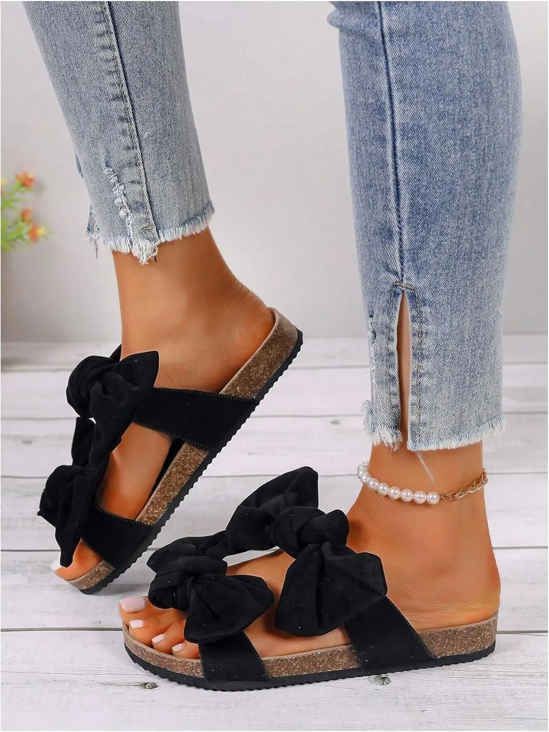 GORGLITTER Women's Bow Cork Sandals Double Band Suede Beach Sandals Open Toe Slip On Slide Sandals 2025