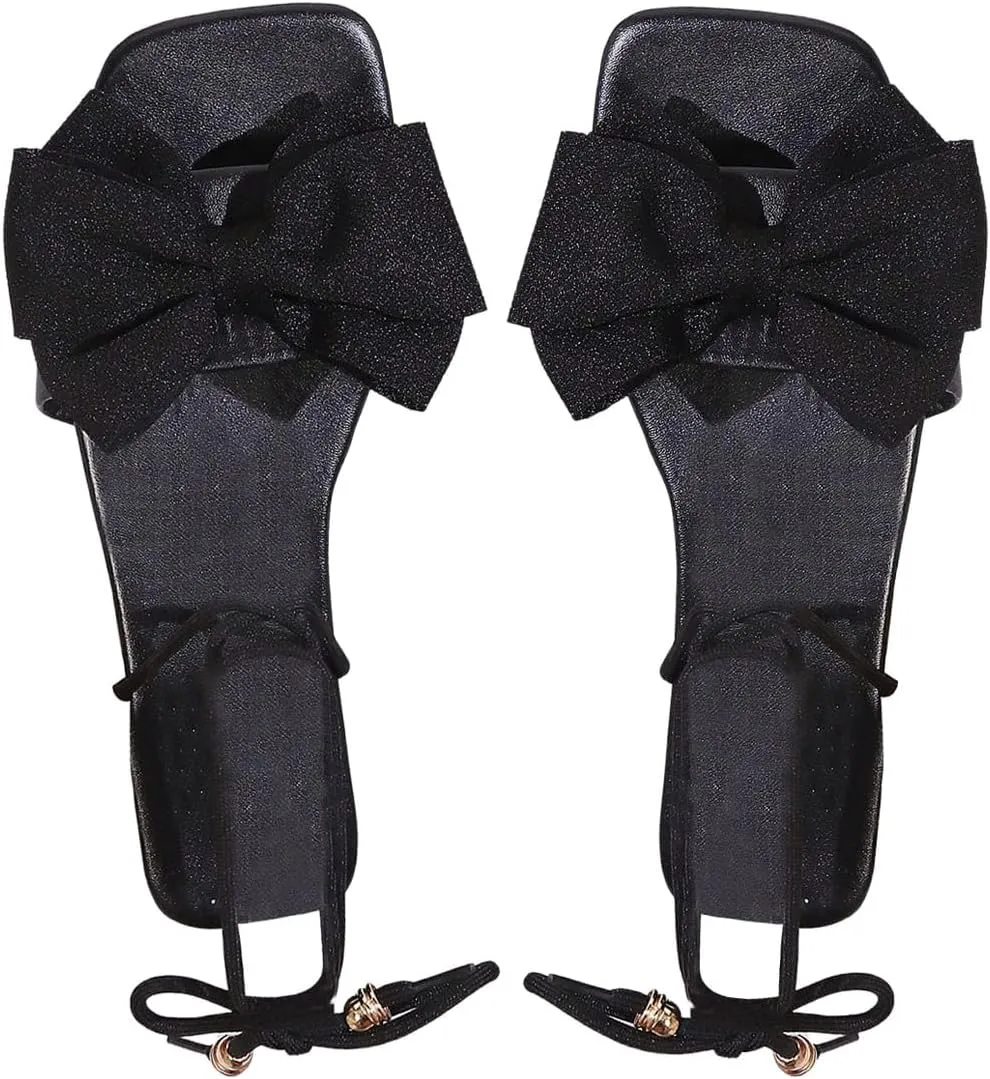 GORGLITTER Women's Bow Lace Up Sandals Criss Cross Strappy Flat Sandals Tie Up Dressy Sandals