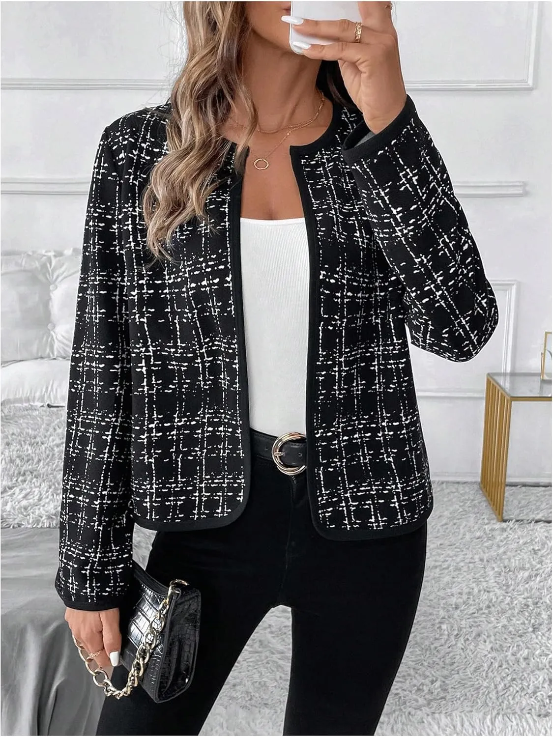 GORGLITTER Women's Casual Plaid Blazer Jacket Long Sleeve Checkered Open Front Elegant Office Work Blazer Suit