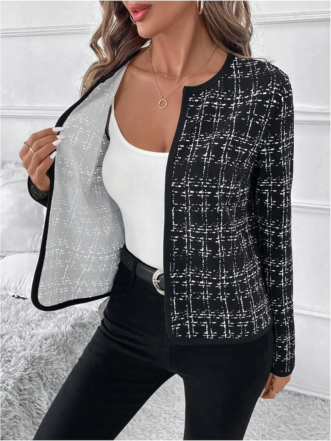 GORGLITTER Women's Casual Plaid Blazer Jacket Long Sleeve Checkered Open Front Elegant Office Work Blazer Suit