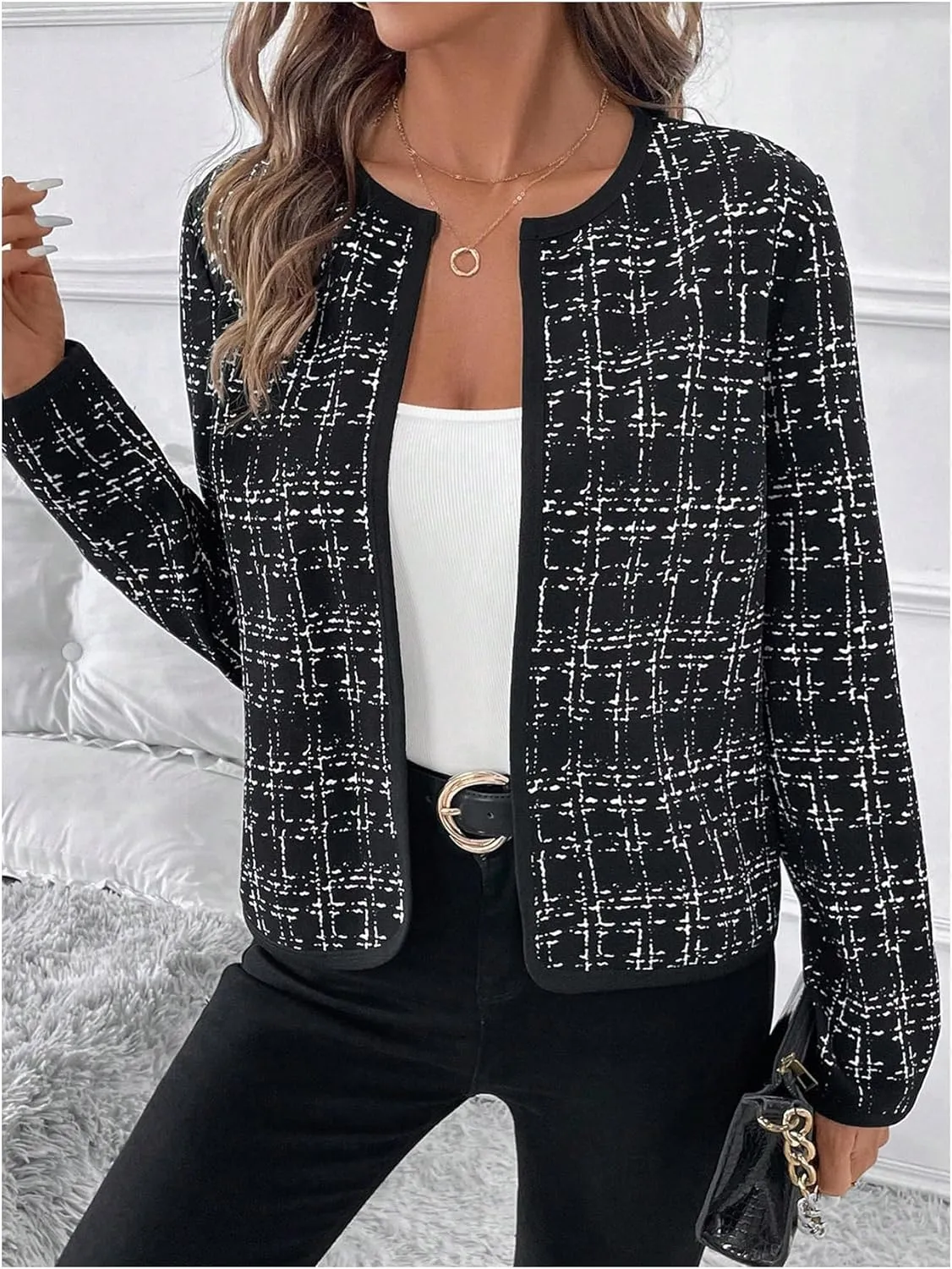 GORGLITTER Women's Casual Plaid Blazer Jacket Long Sleeve Checkered Open Front Elegant Office Work Blazer Suit