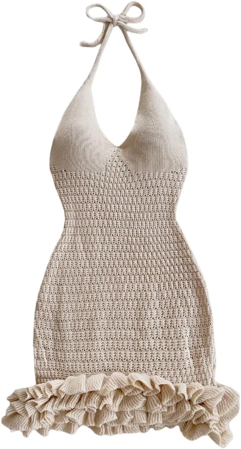 GORGLITTER Women's Crochet Halter Bodycon Mini Dress Bow Open Back Sleeveless Bubble Summer Knit Dress Elegant Classy