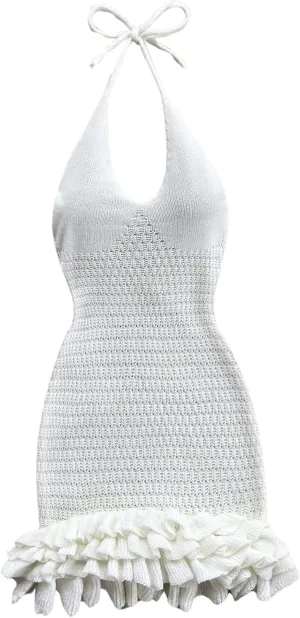 GORGLITTER Women's Crochet Halter Bodycon Mini Dress Bow Open Back Sleeveless Bubble Summer Knit Dress Elegant Classy