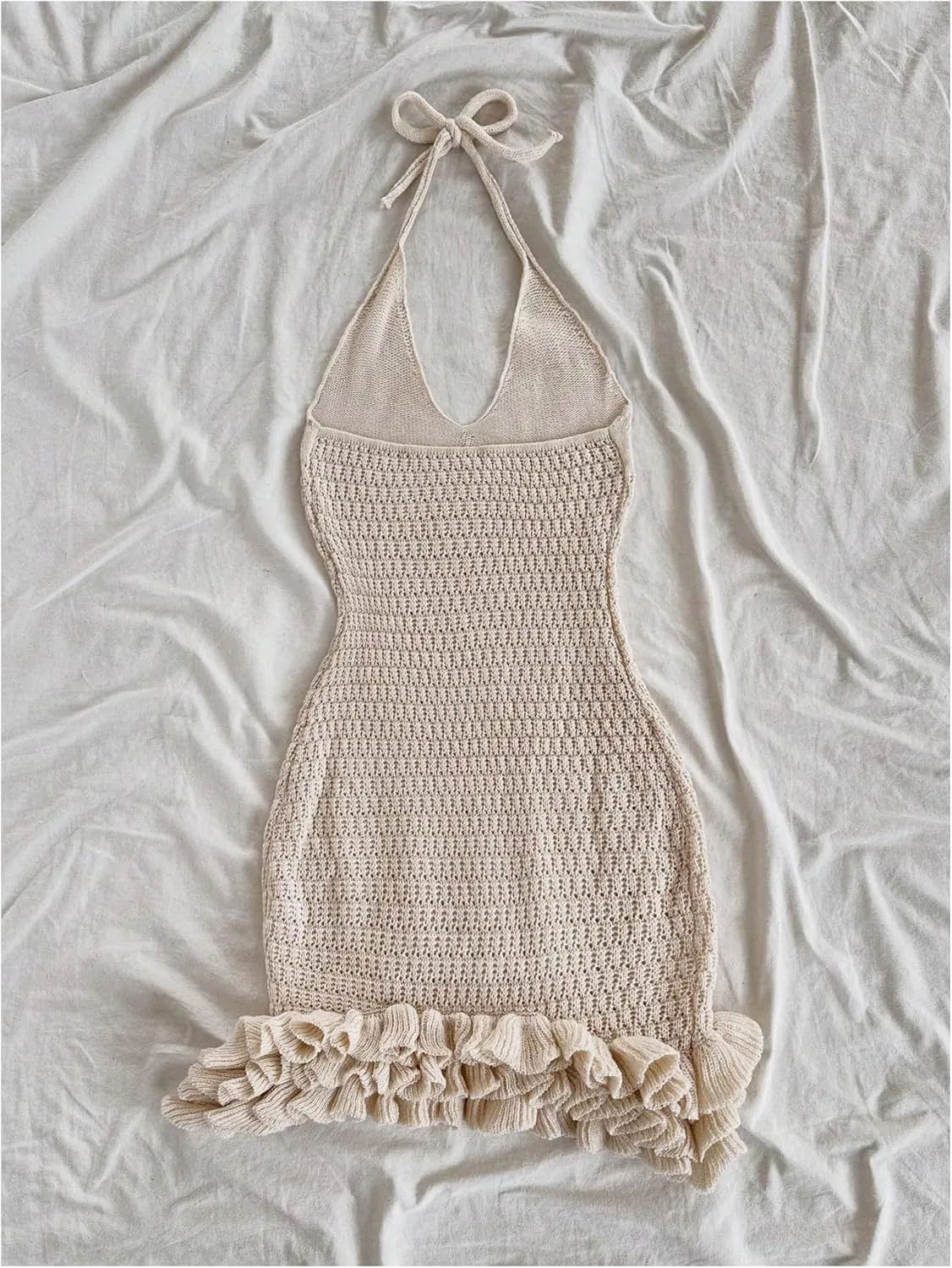 GORGLITTER Women's Crochet Halter Bodycon Mini Dress Bow Open Back Sleeveless Bubble Summer Knit Dress Elegant Classy
