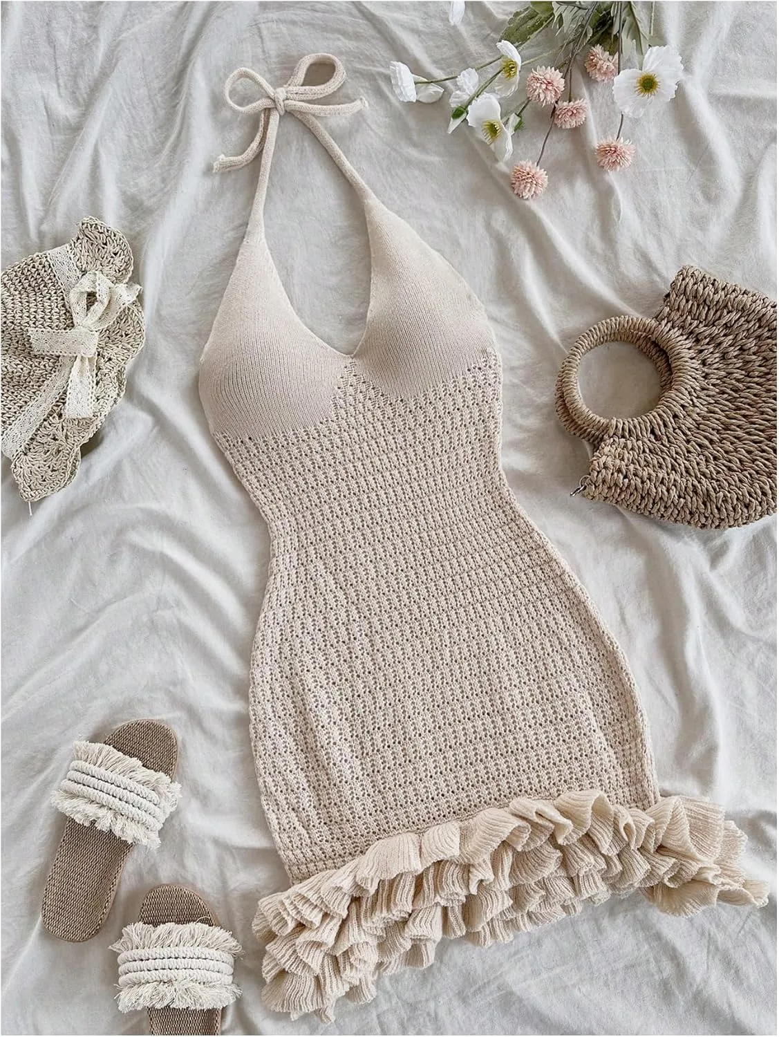 GORGLITTER Women's Crochet Halter Bodycon Mini Dress Bow Open Back Sleeveless Bubble Summer Knit Dress Elegant Classy