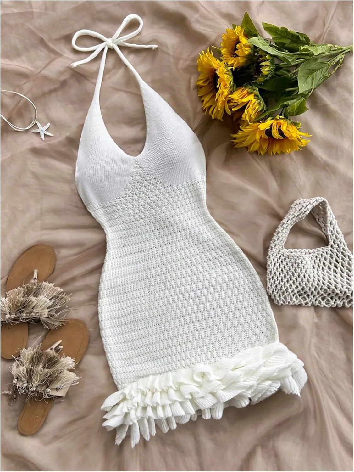 GORGLITTER Women's Crochet Halter Bodycon Mini Dress Bow Open Back Sleeveless Bubble Summer Knit Dress Elegant Classy