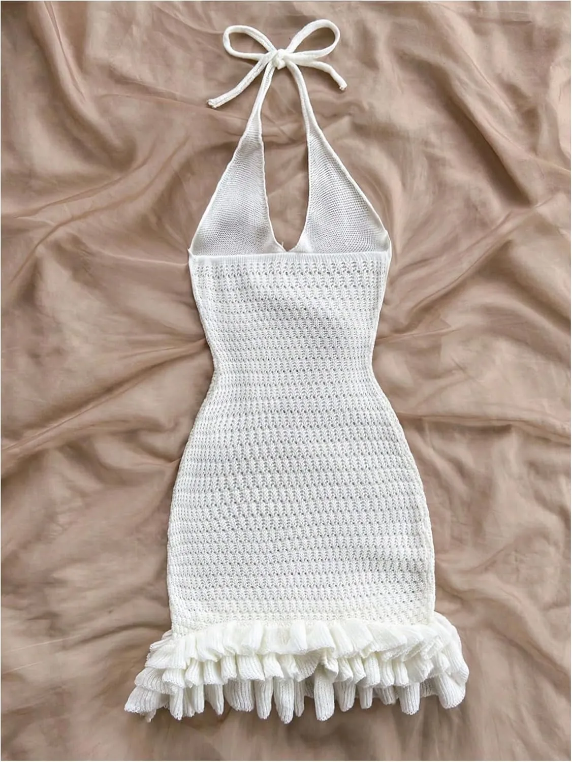 GORGLITTER Women's Crochet Halter Bodycon Mini Dress Bow Open Back Sleeveless Bubble Summer Knit Dress Elegant Classy
