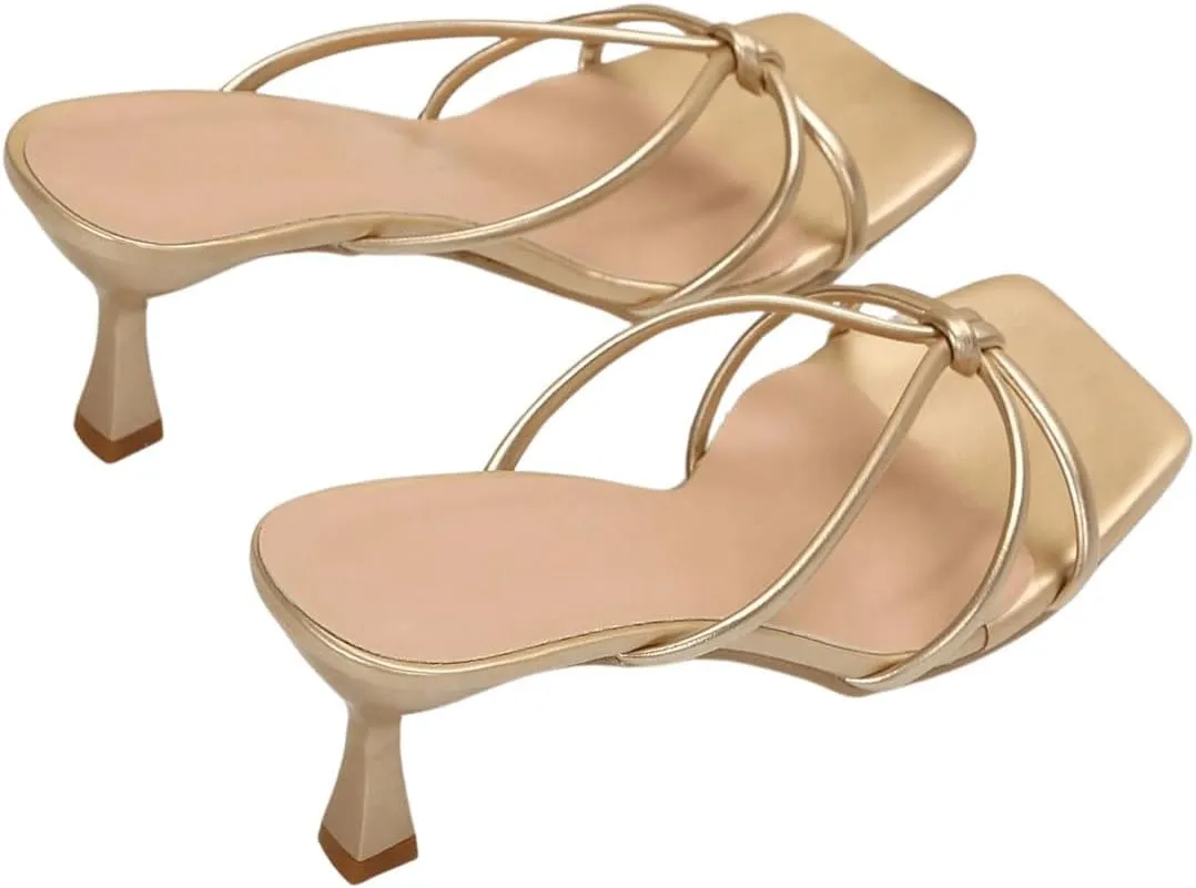 GORGLITTER Women's Knot Detail Strappy Heeled Sandals Open Square Toe Pu Leather Heels