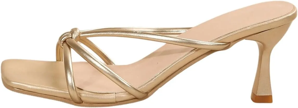 GORGLITTER Women's Knot Detail Strappy Heeled Sandals Open Square Toe Pu Leather Heels