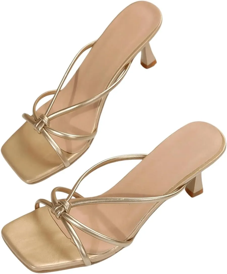 GORGLITTER Women's Knot Detail Strappy Heeled Sandals Open Square Toe Pu Leather Heels