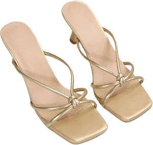 GORGLITTER Women's Knot Detail Strappy Heeled Sandals Open Square Toe Pu Leather Heels