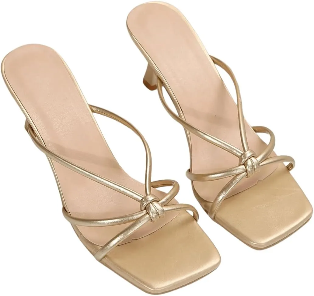 GORGLITTER Women's Knot Detail Strappy Heeled Sandals Open Square Toe Pu Leather Heels