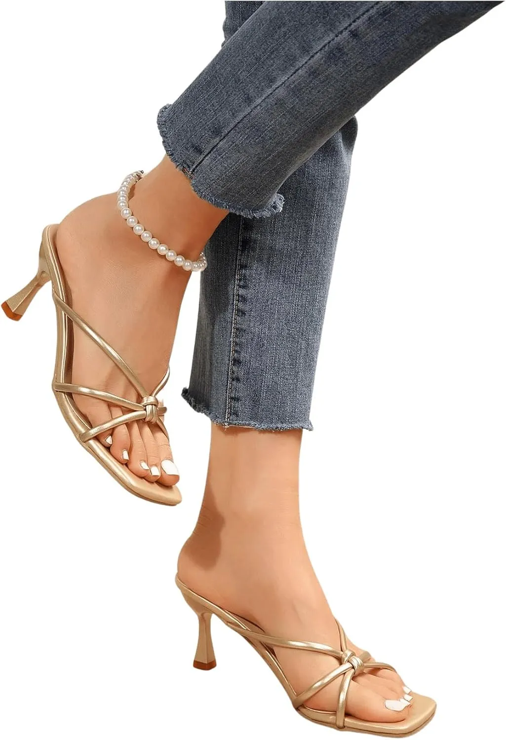 GORGLITTER Women's Knot Detail Strappy Heeled Sandals Open Square Toe Pu Leather Heels