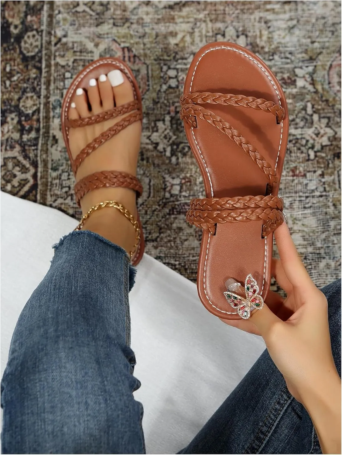 GORGLITTER Women's Strappy Braided Leather Flats Sandals Dressy Summer Open Toe Slip on Beach Vacation Slides Sandals