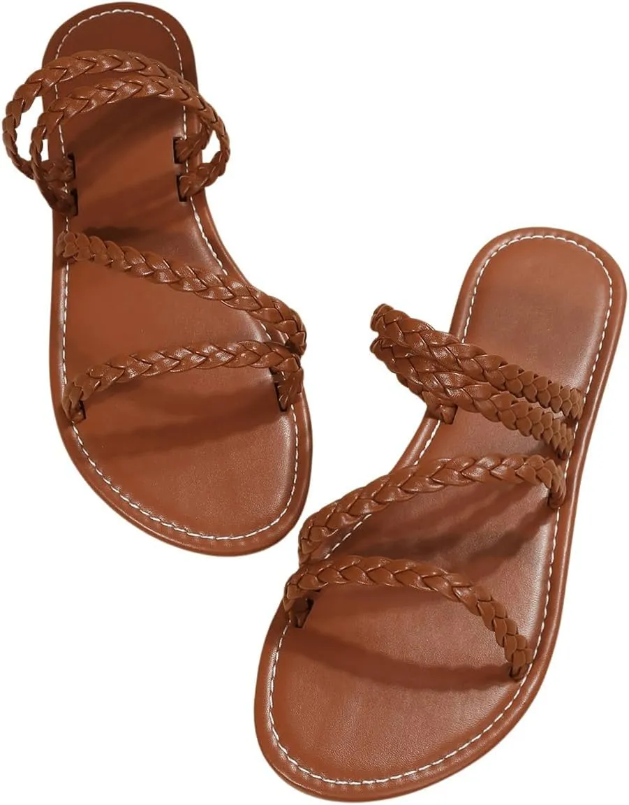 GORGLITTER Women's Strappy Braided Leather Flats Sandals Dressy Summer Open Toe Slip on Beach Vacation Slides Sandals