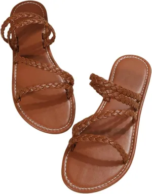 GORGLITTER Women's Strappy Braided Leather Flats Sandals Dressy Summer Open Toe Slip on Beach Vacation Slides Sandals