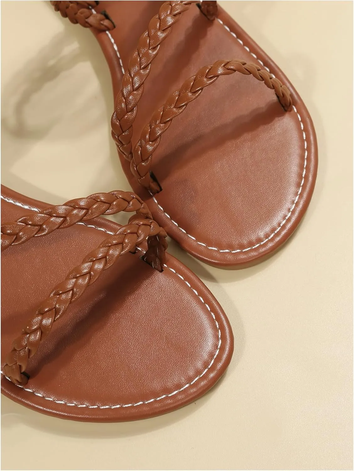 GORGLITTER Women's Strappy Braided Leather Flats Sandals Dressy Summer Open Toe Slip on Beach Vacation Slides Sandals