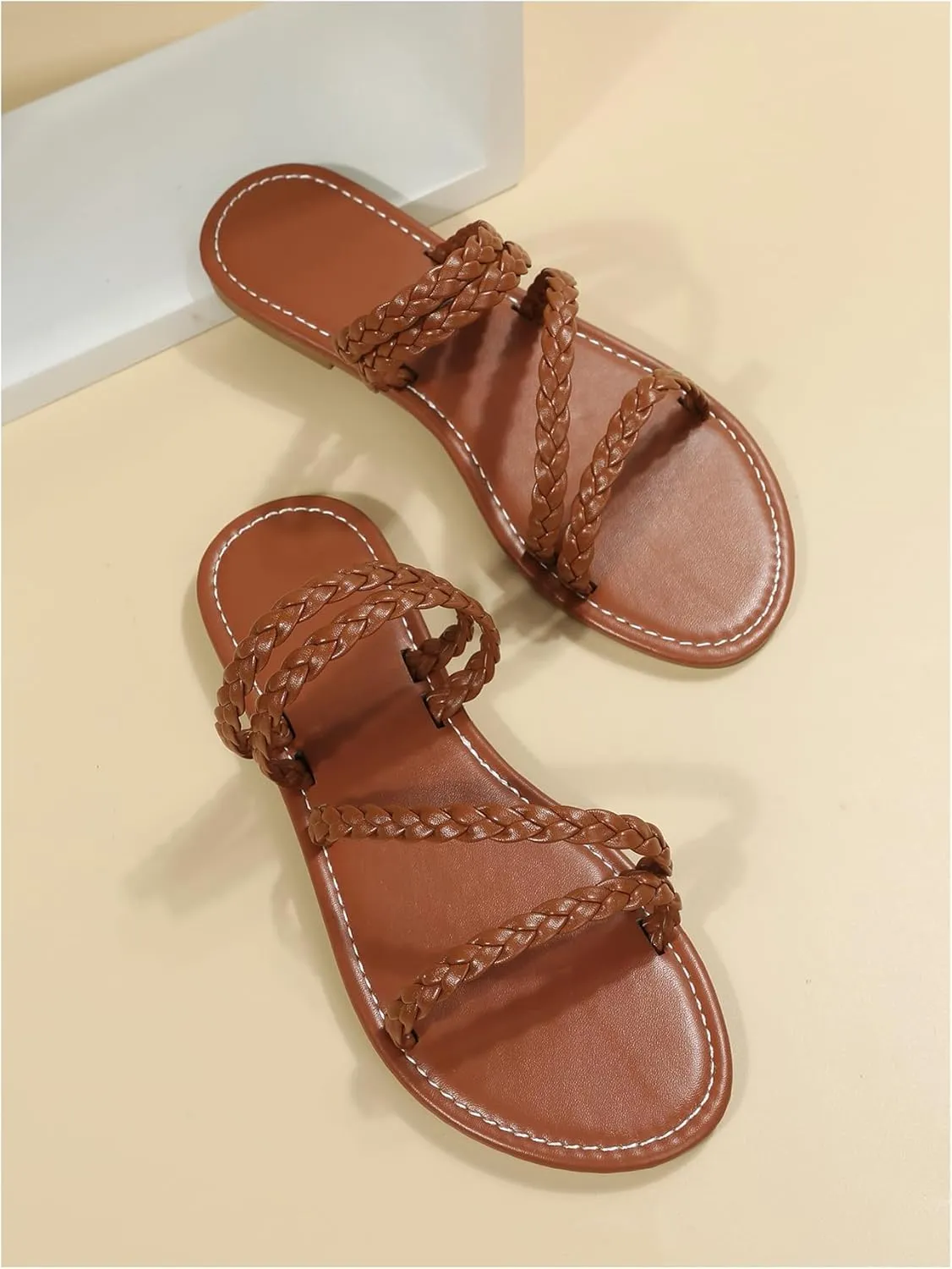 GORGLITTER Women's Strappy Braided Leather Flats Sandals Dressy Summer Open Toe Slip on Beach Vacation Slides Sandals