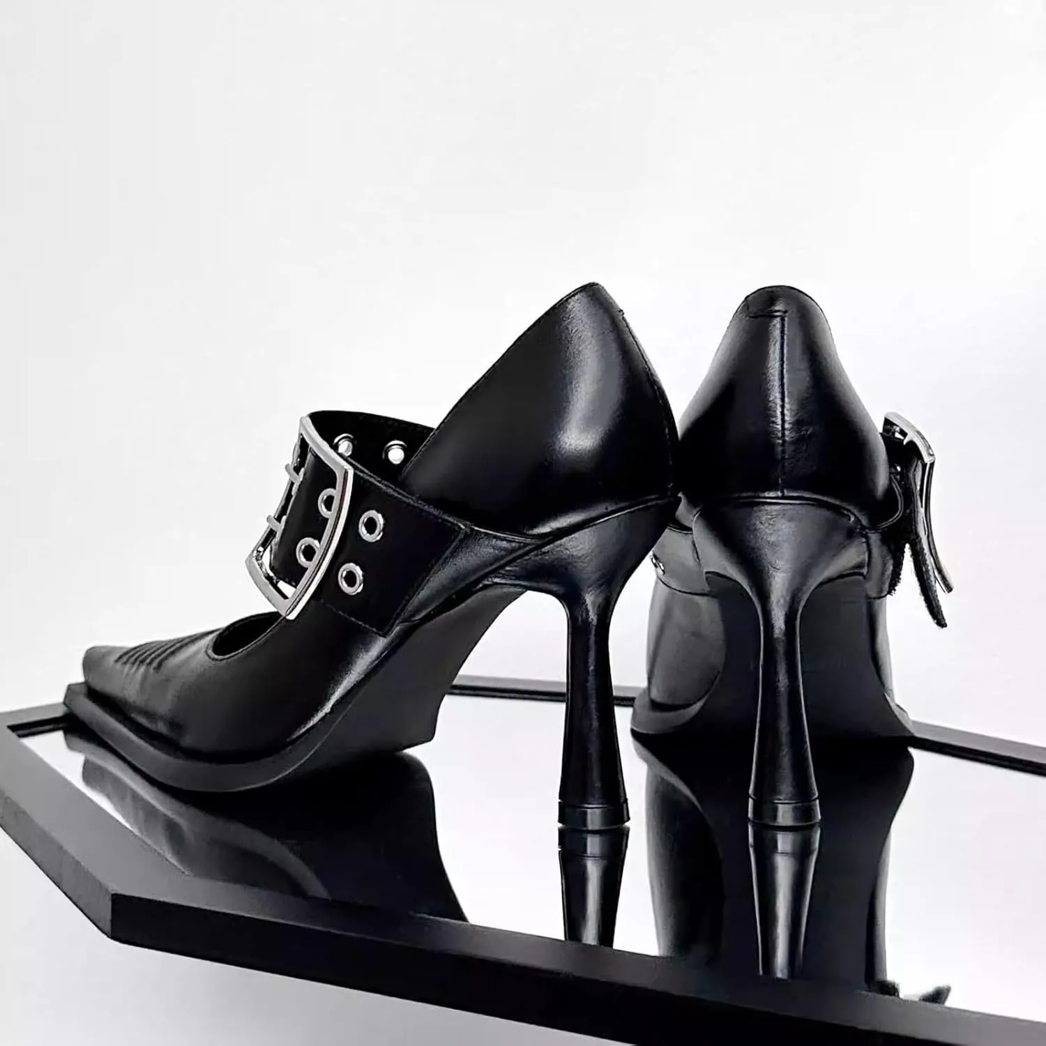 GURURU Goth Heels Buckle Shoes for Women Mary Jane Closed Pointed Toe High Heel Pumps Punk Heels
