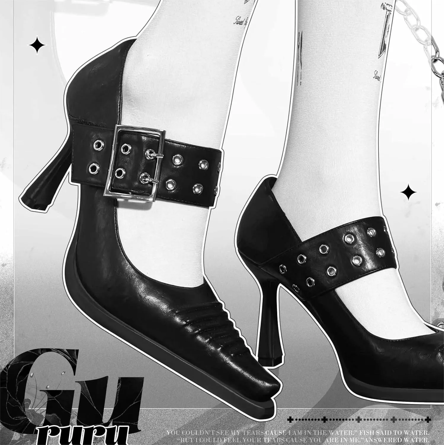 GURURU Goth Heels Buckle Shoes for Women Mary Jane Closed Pointed Toe High Heel Pumps Punk Heels