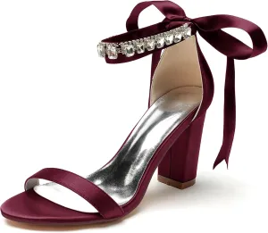 Hanfike Womens Formal Sandals Chunky High Heel Ankle Chain Bridal Wedding Shoes with Ribbon JY135