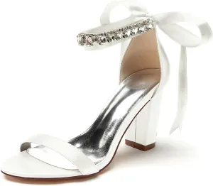 Hanfike Womens Formal Sandals Chunky High Heel Ankle Chain Bridal Wedding Shoes with Ribbon JY135
