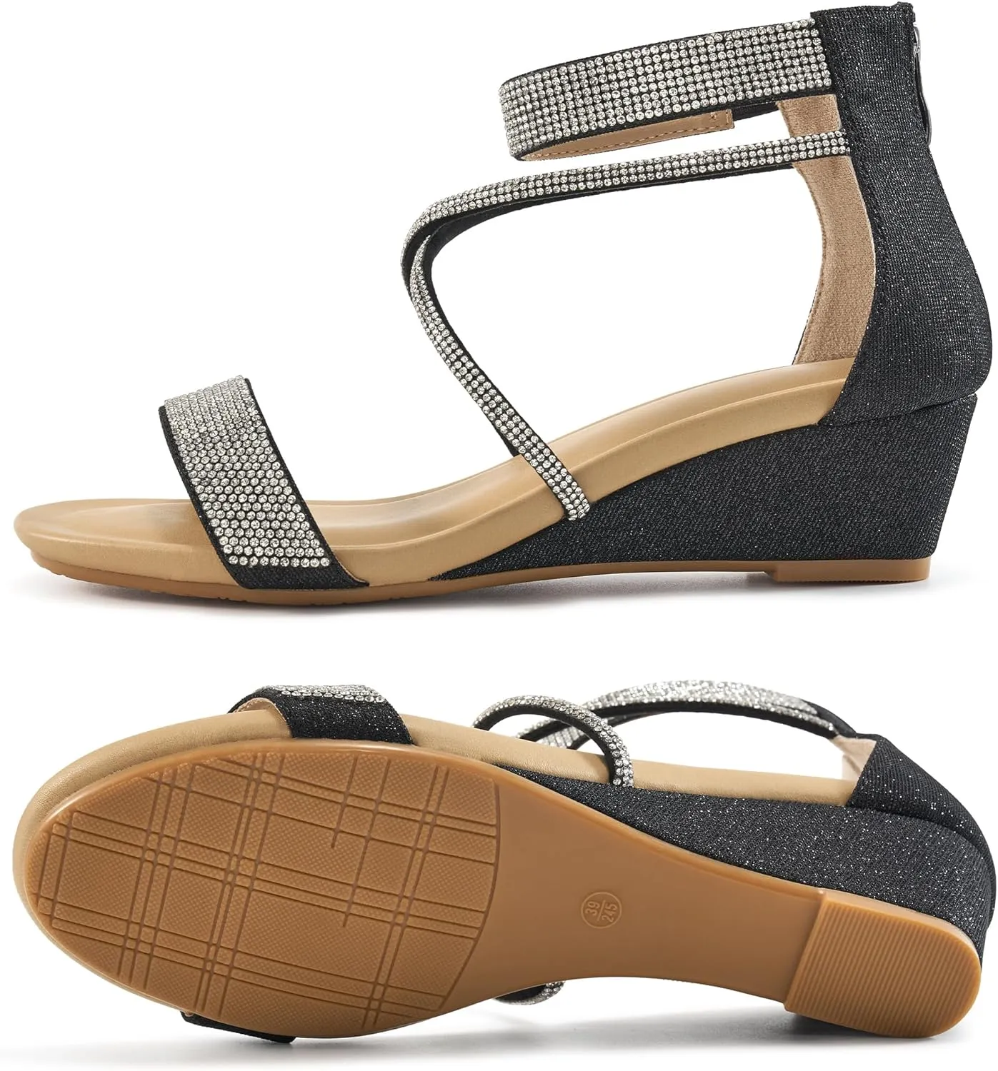 HARENCE Wedge Sandals for Women Dressy: Comfortble Ankle Strap Zipper Low Heels Shoes Fashion Sparkly Summer Sandals