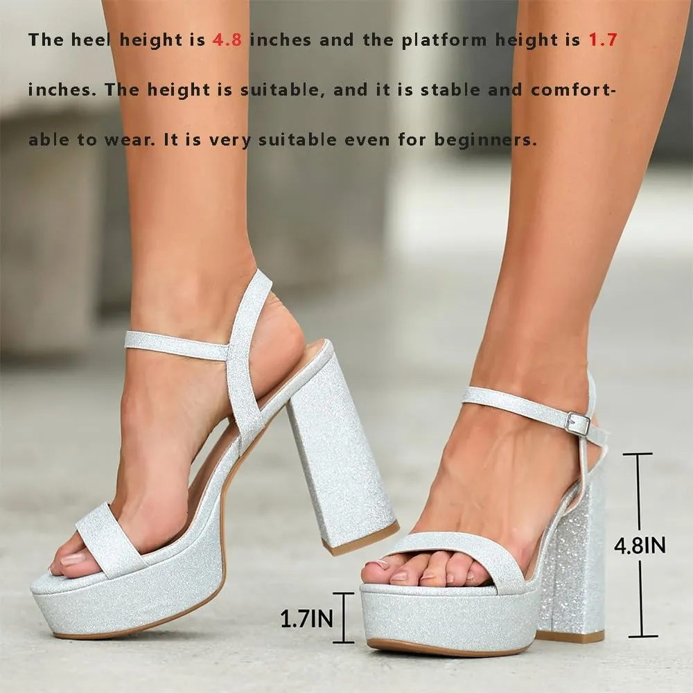 High Heel Chunky Platform Heel Sandals for Women, Chunky Block Heels Platform Sandals Women with Ankle Strap, Womens Strappy Chunky Heels Open Toe Sandals Wedding Prom