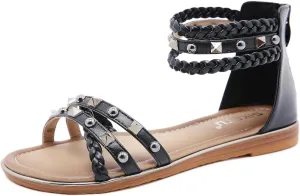 HNGHOU Women's Travel Flat Sandals Summer Casual Rhinestone Roman Flat Sandals Summer Shoes