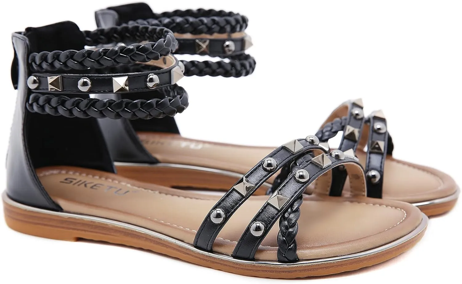 HNGHOU Women's Travel Flat Sandals Summer Casual Rhinestone Roman Flat Sandals Summer Shoes