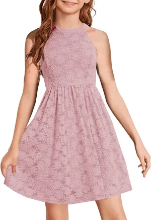 HOSIKA Girls Halter Neck Sleeveless Elegant Floral Lace A-line Flared Swing Party Dress for 6-12 Years Kid