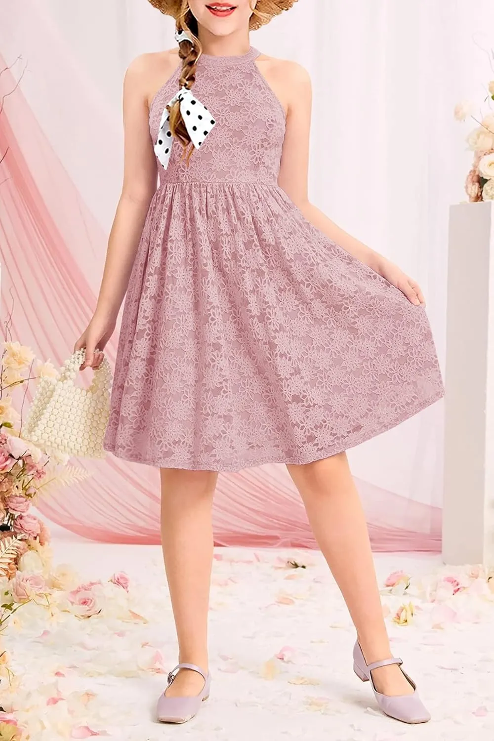 HOSIKA Girls Halter Neck Sleeveless Elegant Floral Lace A-line Flared Swing Party Dress for 6-12 Years Kid