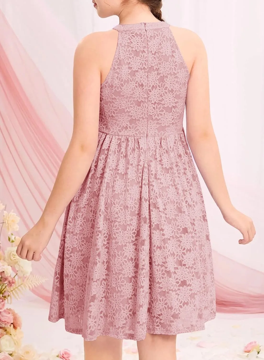 HOSIKA Girls Halter Neck Sleeveless Elegant Floral Lace A-line Flared Swing Party Dress for 6-12 Years Kid