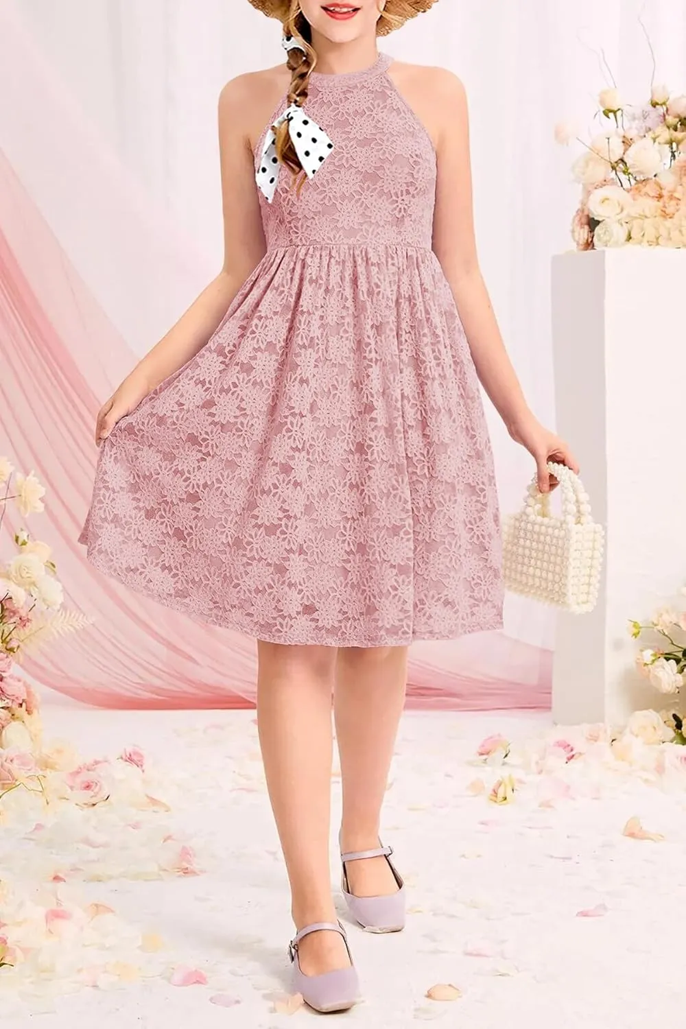 HOSIKA Girls Halter Neck Sleeveless Elegant Floral Lace A-line Flared Swing Party Dress for 6-12 Years Kid