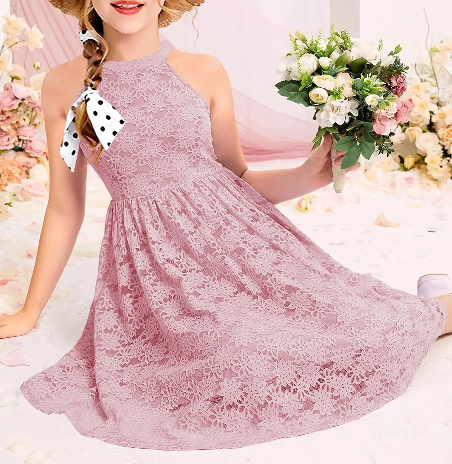 HOSIKA Girls Halter Neck Sleeveless Elegant Floral Lace A-line Flared Swing Party Dress for 6-12 Years Kid