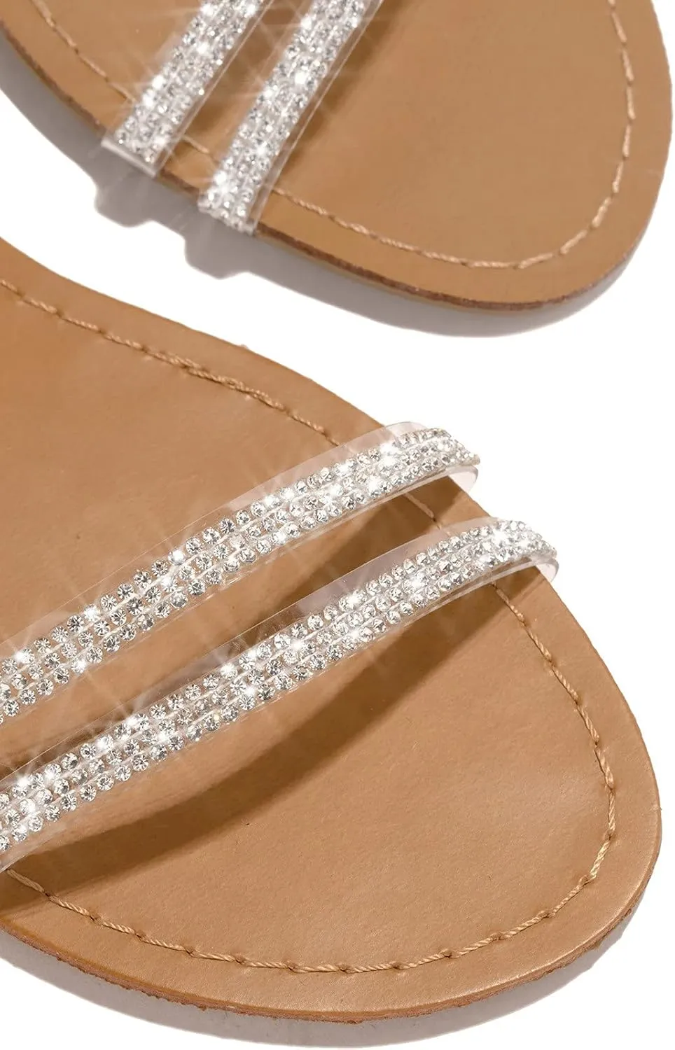 Hot New Womens Rhinestones Strappy Roman Sandals Trendy Glitter Crystal Flats Beach Footwear for Summer Evenings