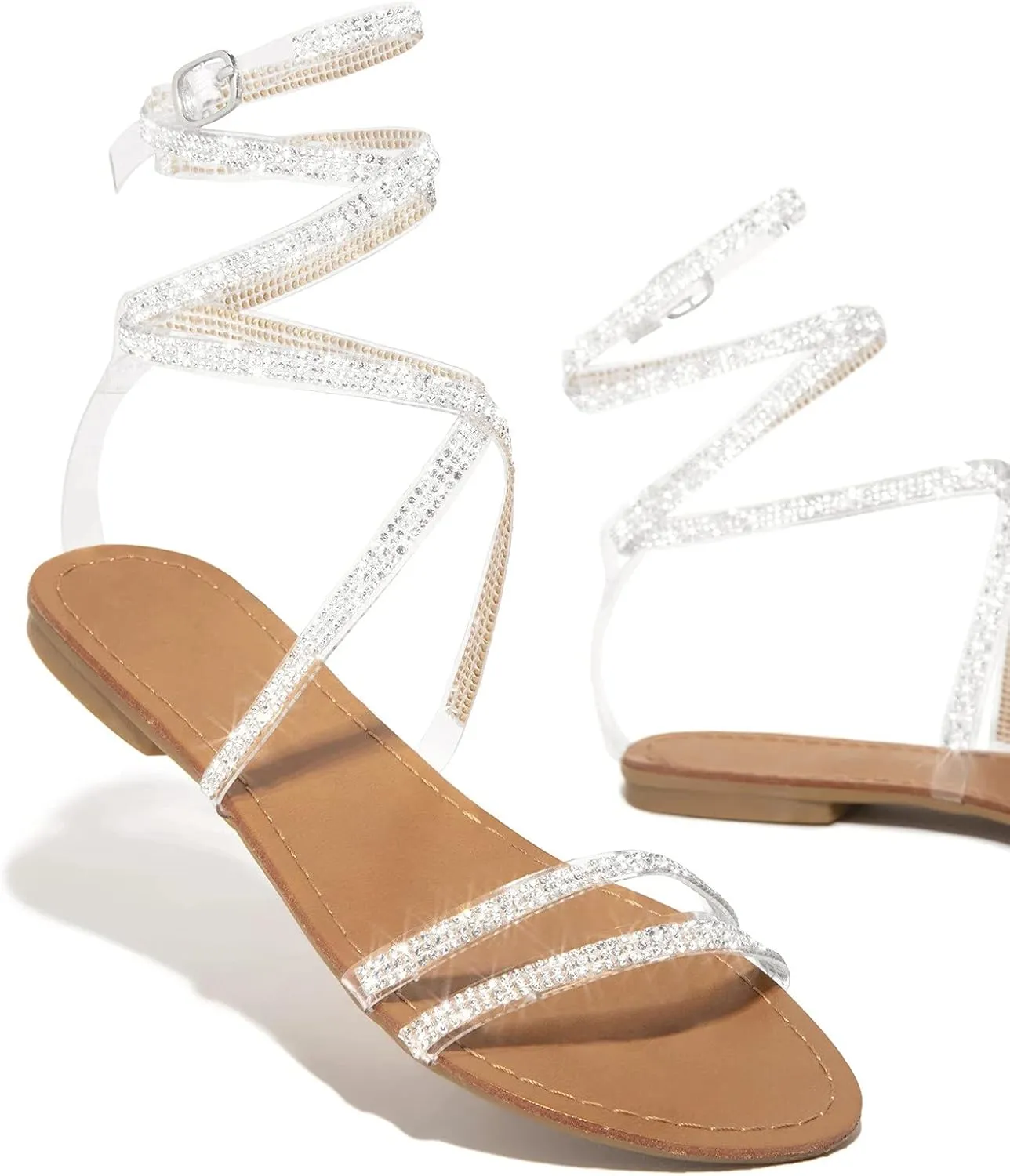 Hot New Womens Rhinestones Strappy Roman Sandals Trendy Glitter Crystal Flats Beach Footwear for Summer Evenings