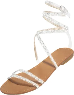 Hot New Womens Rhinestones Strappy Roman Sandals Trendy Glitter Crystal Flats Beach Footwear for Summer Evenings